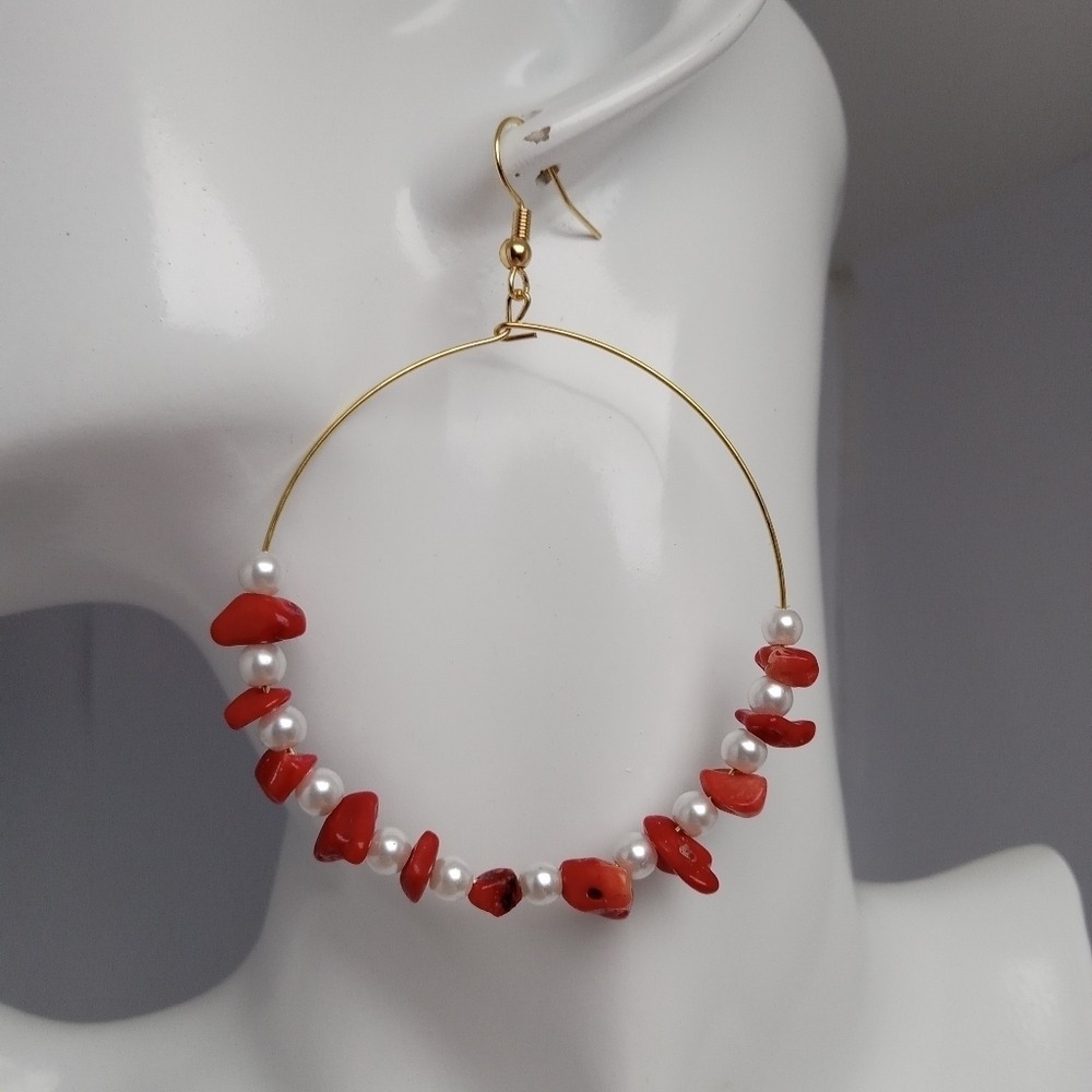 Vibrant Red Coral and Faux Pearl Beaded Hoop Earrings